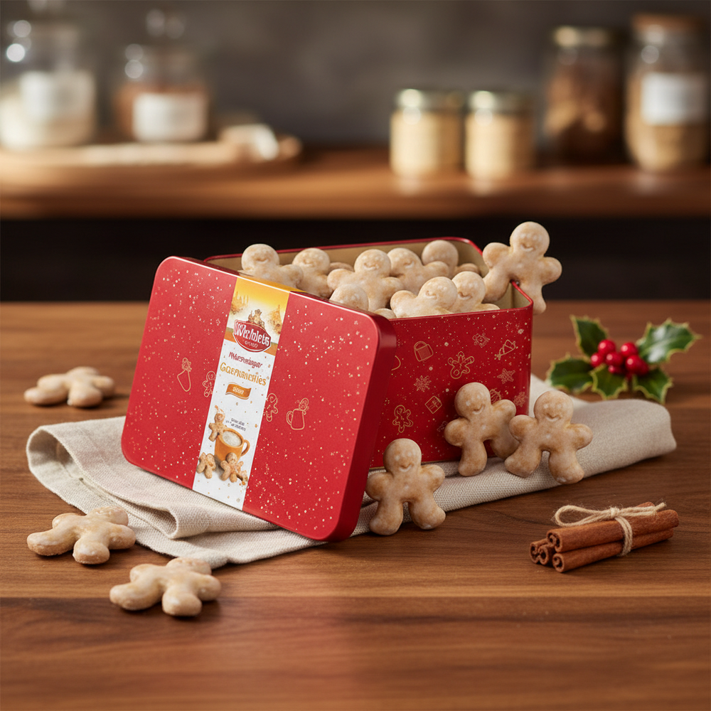 Red tin of Mug Buddies with a gingerbread man design on a white background
