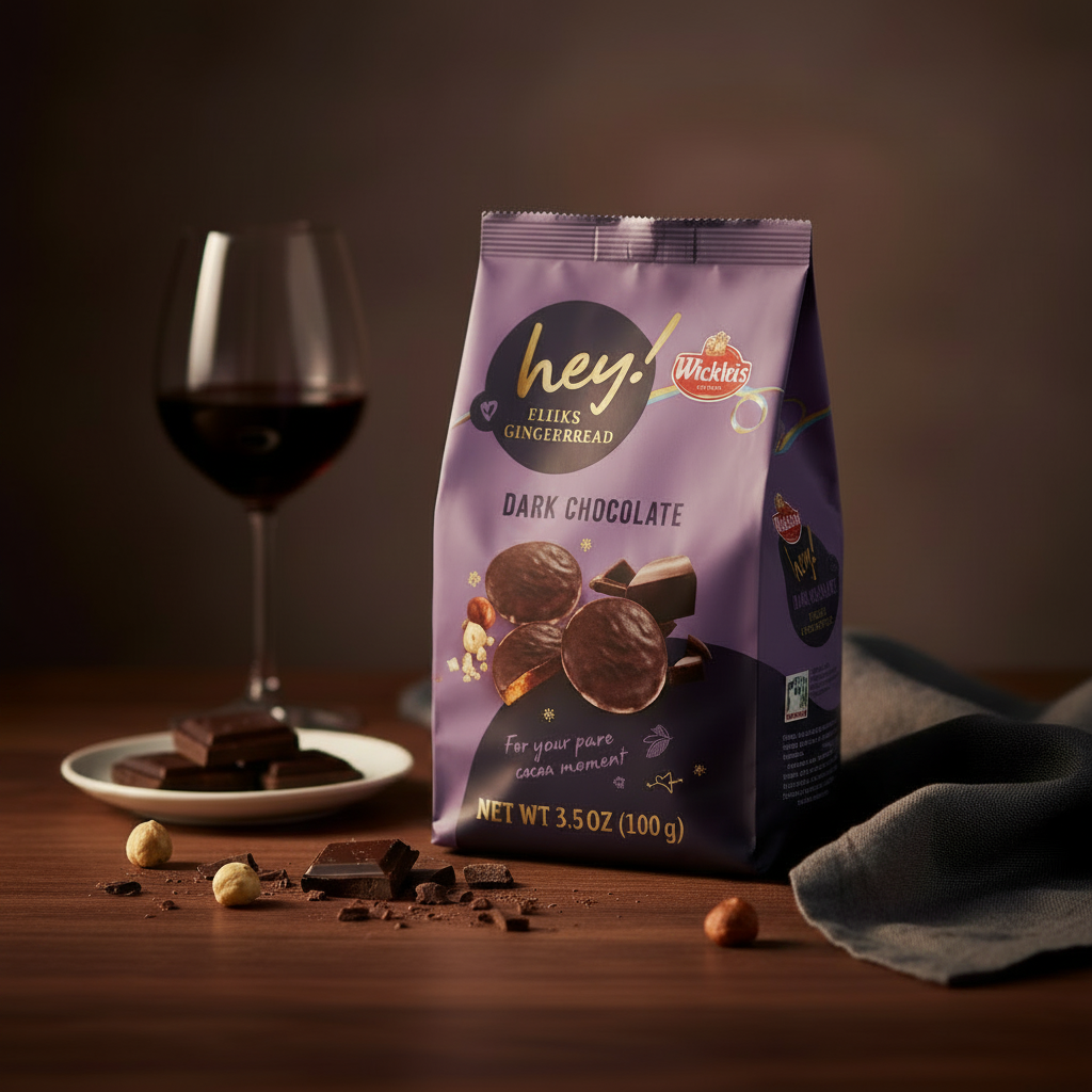 Wicklein dark chocolate Elisen gingerbread, 3.5 oz bag beside chocolate pieces and a wine glass