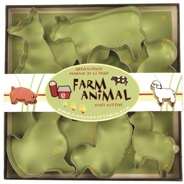 Set of farm animal cookie cutters in packaging with branding.