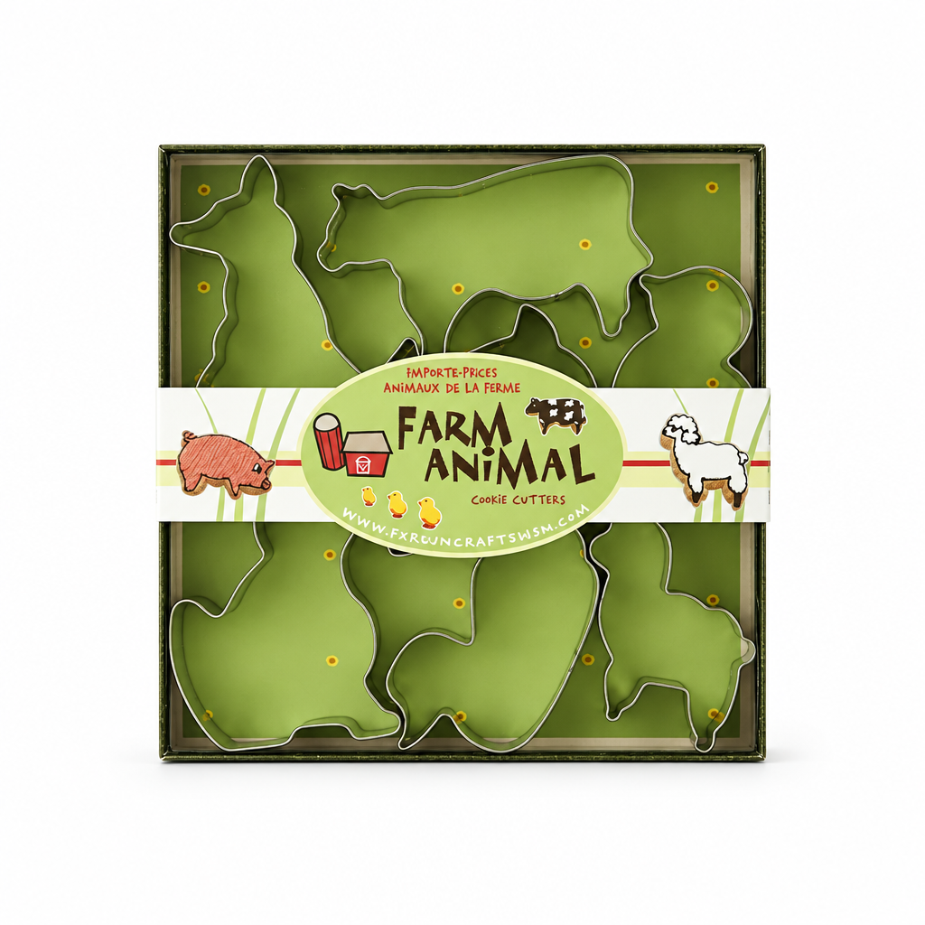 Fox Run seven-piece farm animal cookie cutter set in retail packaging on a pure white background