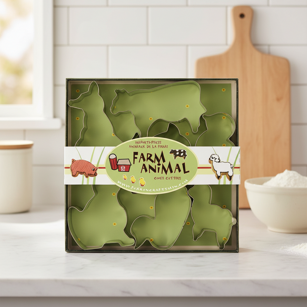Fox Run 7-piece farm animal cookie cutter set on a kitchen counter