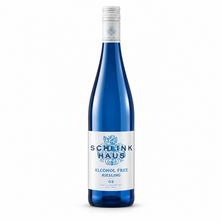Schlink Haus Alcohol-Free Riesling blue bottle, front view