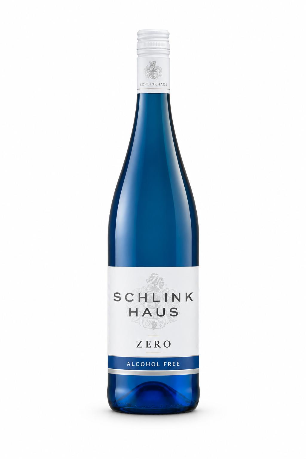 Schlink Haus Zero alcohol-free wine blue bottle, front view
