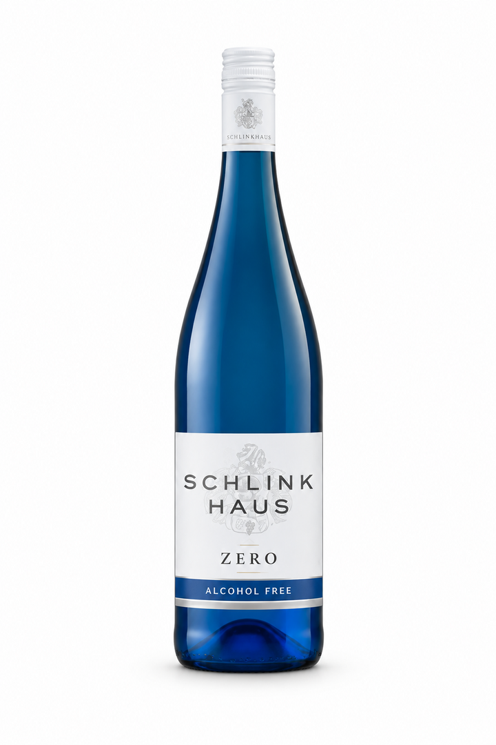 Schlink Haus Zero alcohol-free wine blue bottle, front view