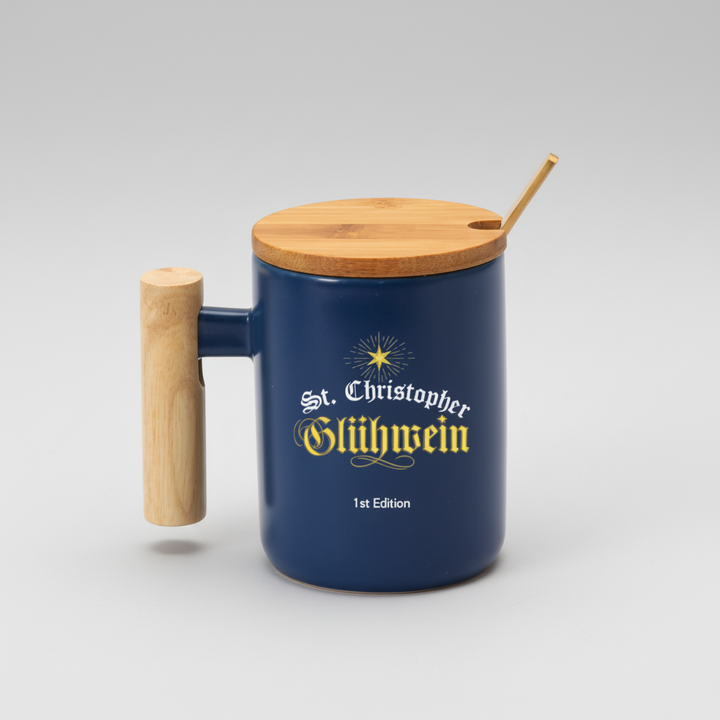 Navy mug with wooden handle and lid, featuring 'St. Christopher Gluhwein' text on a white background