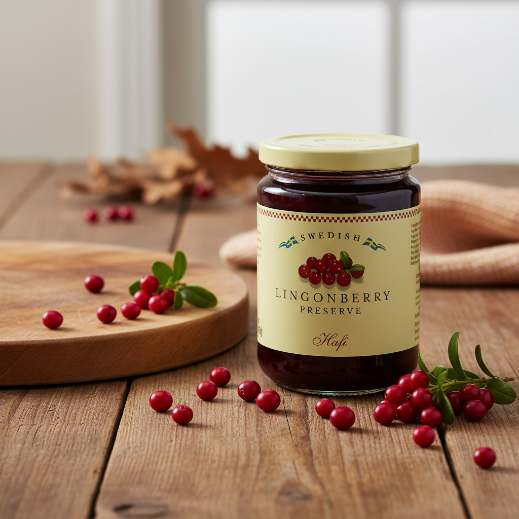 A glass jar of Swedish Lingonberry Preserve by Hafi, featuring a light beige label with an illustration of red lingonberries and a light green lid, set against a plain white background.