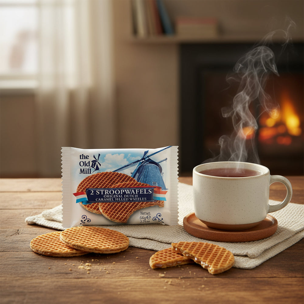 The Old Mill two-stroopwafel 64 g pack with coffee and caramel-filled waffle cookies