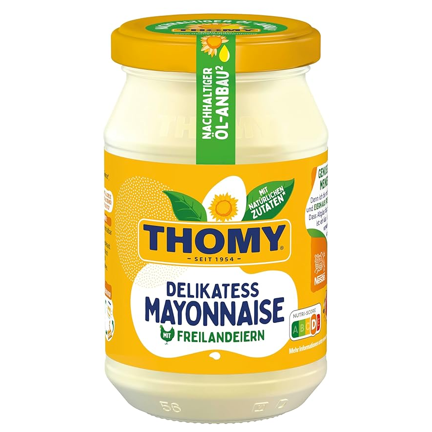 Jar of Thomy mayonnaise with a yellow lid and label on a white background