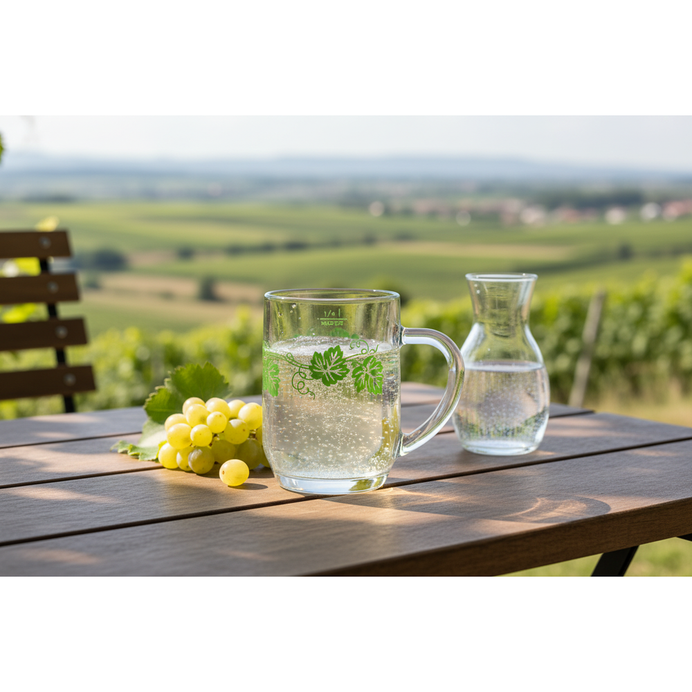 Traditional 250 ml Austrian Mäßer spritzer mug with green vine design, grapes and carafe