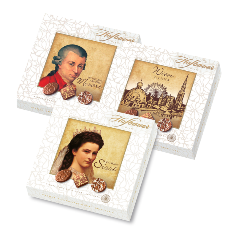 Hofbauer Mozart, Vienna and Sisi praline gift boxes on a white background