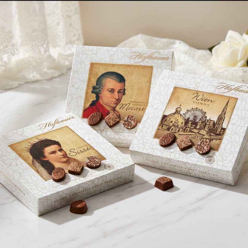 Hofbauer Sisi, Mozart and Vienna praline boxes displayed on a white table