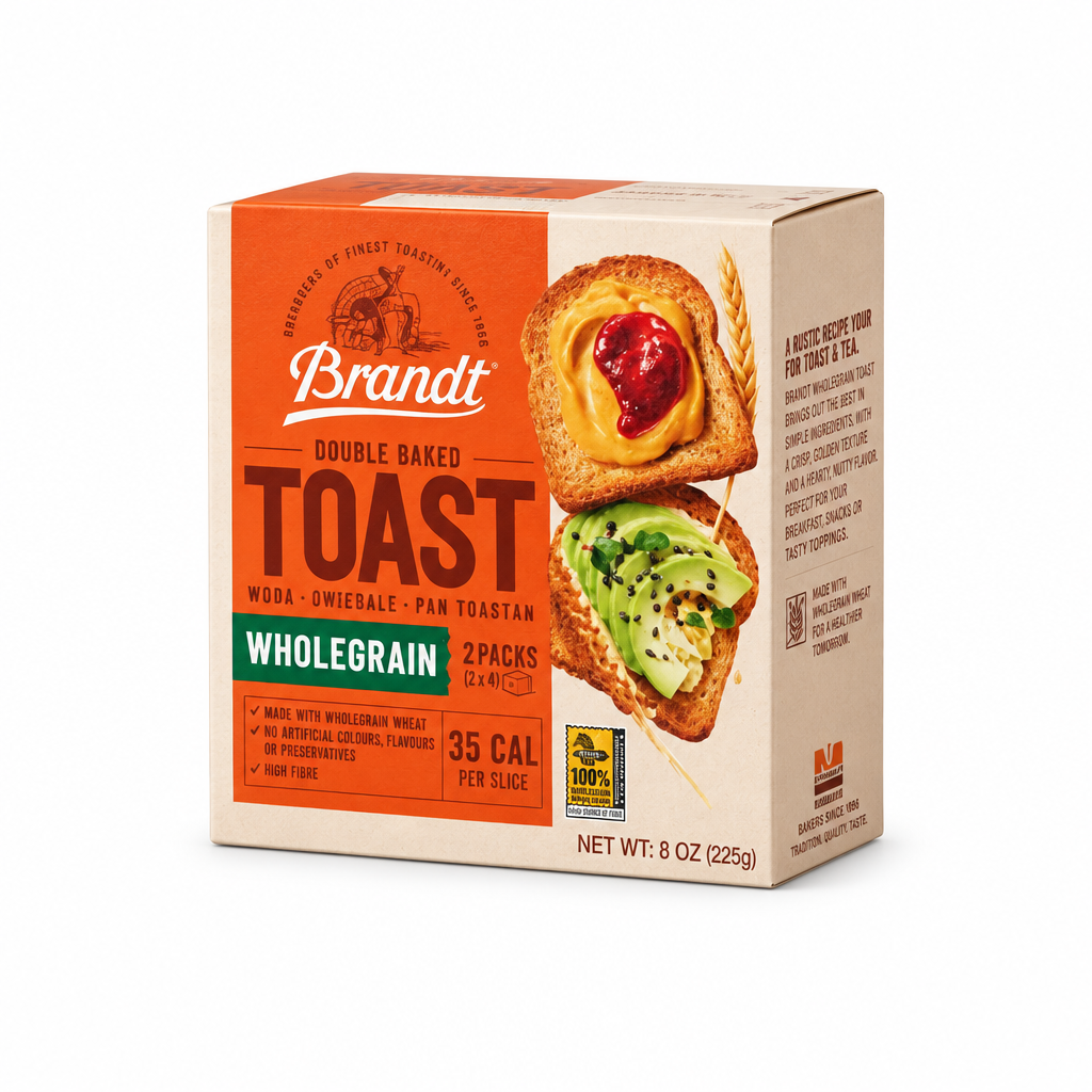 Brandt wholegrain toast, 225 g box, front view