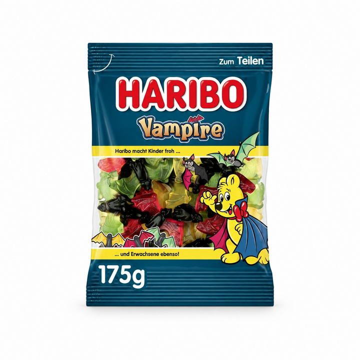 Haribo Vampire fruit gummies and licorice, 175 g bag, front view