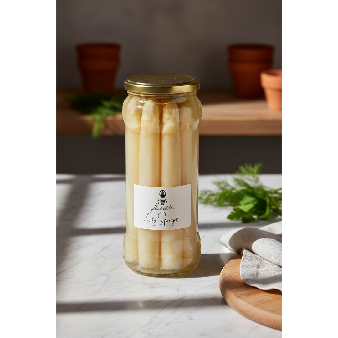 Staud's Marchfeld white solo asparagus jar displayed on a kitchen counter