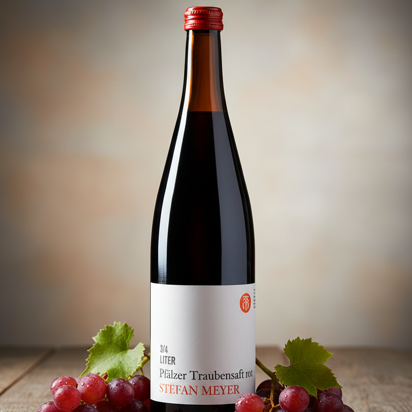 Stefan Meyer red grape juice bottle displayed with red grapes