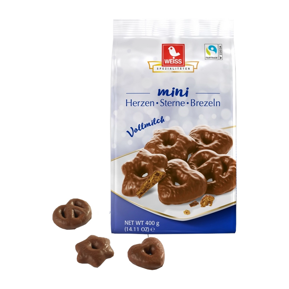 Weiss Mini milk chocolate gingerbread hearts, stars, and pretzels in a 400 g bag