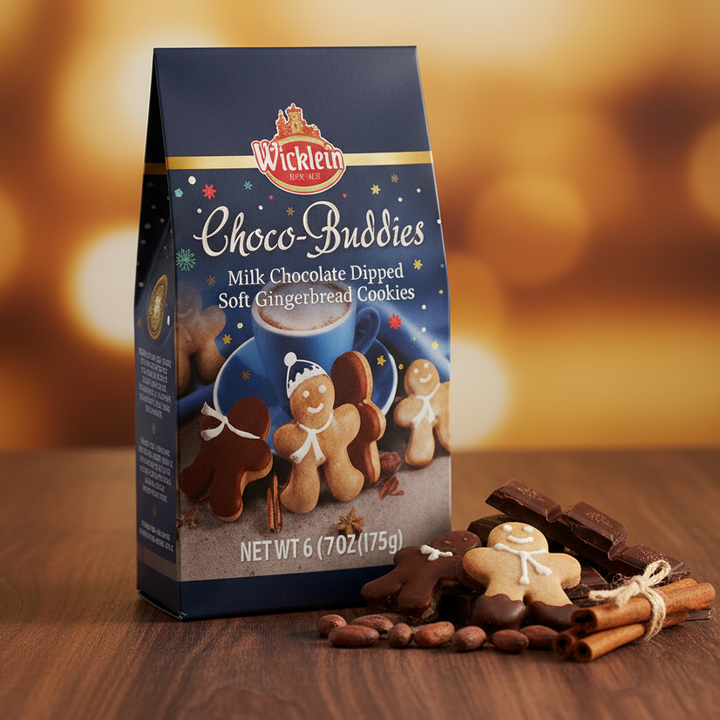 Wickleton's Choco-Buddies packaging on a wooden surface with cookies and chocolate bars.