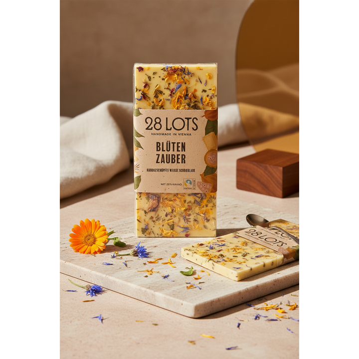28 Lots White Floral Magic, 85 g bar displayed with edible flowers