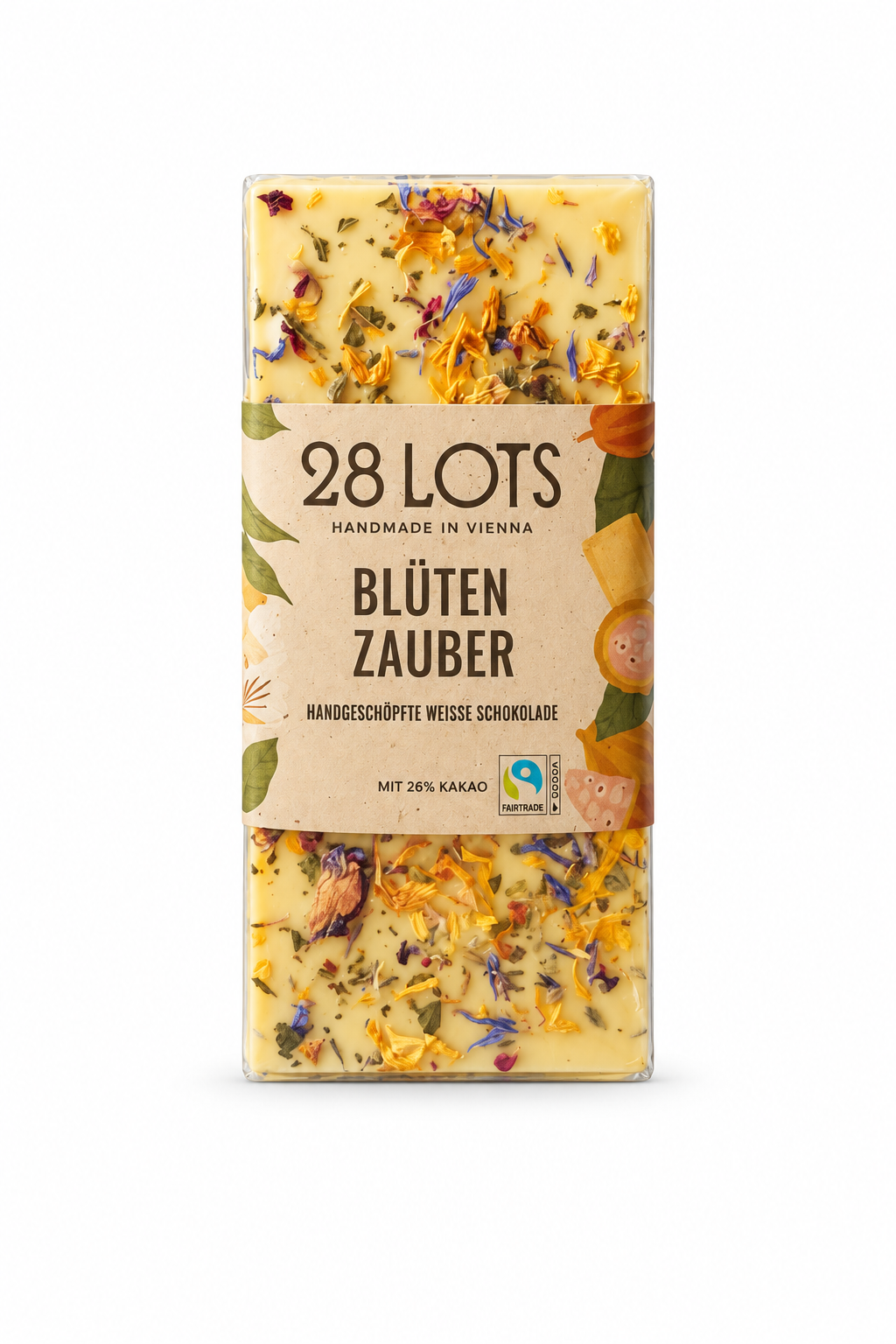 28 Lots White Floral Magic, 85 g white chocolate bar, front view