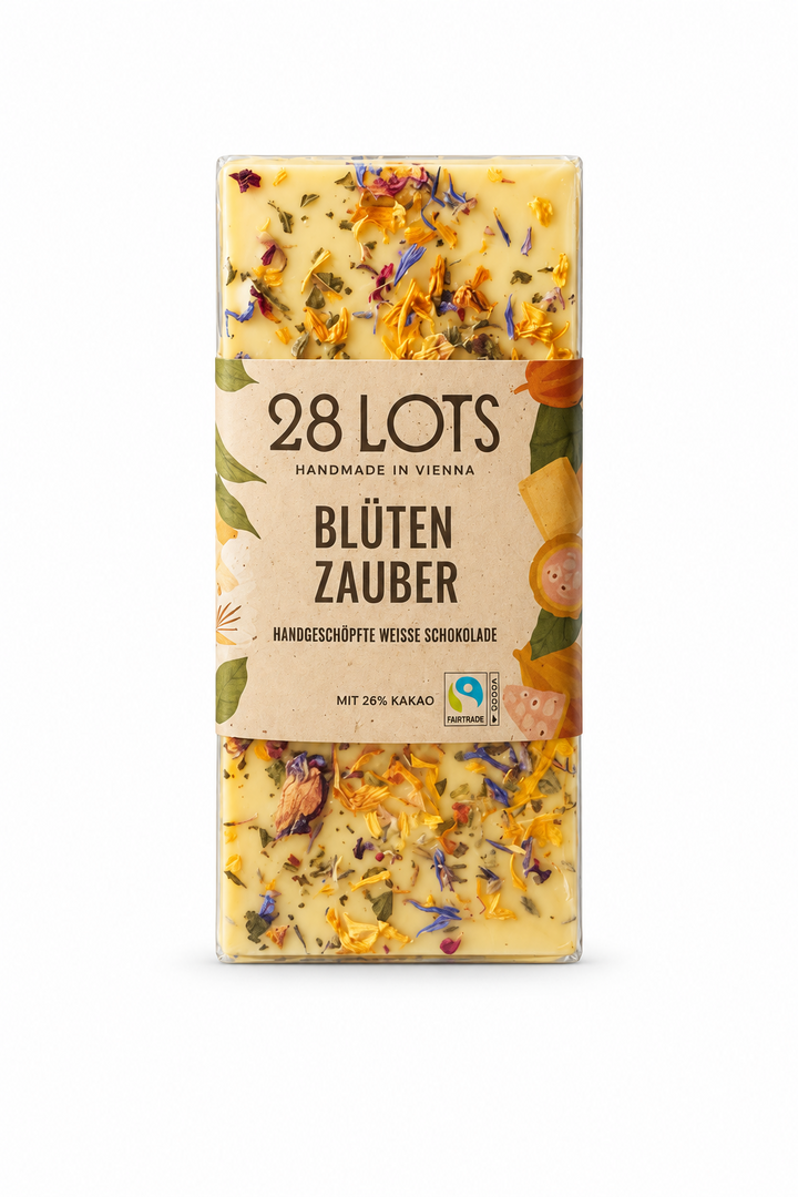 28 Lots White Floral Magic, 85 g white chocolate bar, front view