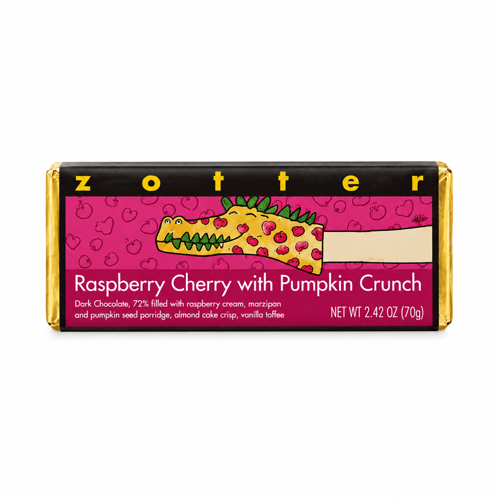Zotter Raspberry Cherry with Pumpkin Crunch 70 g package with cutaway bar