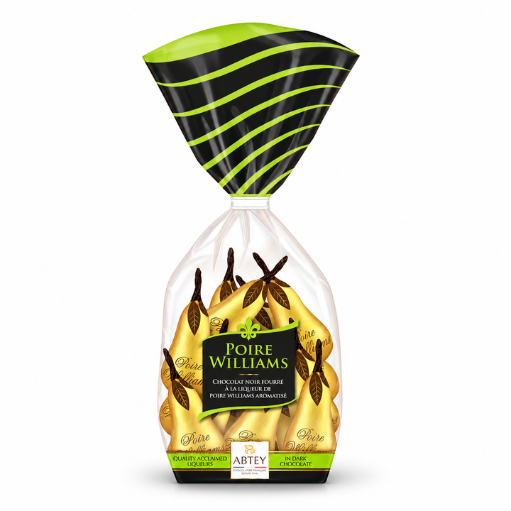 Abtey Chocolatier Royal des Lys Williams Pear in Confectionary Bag product packaging centered on a white background