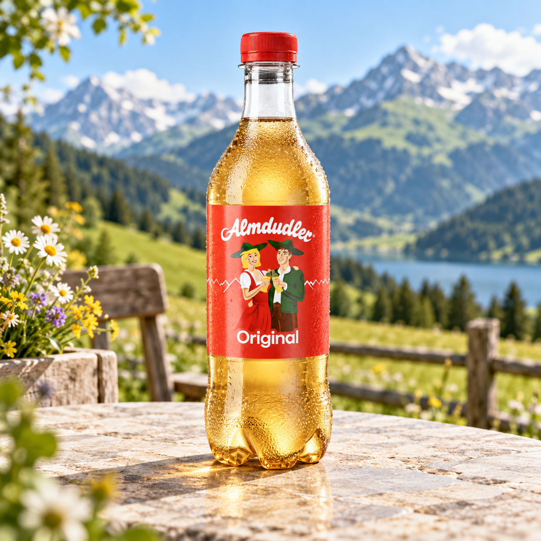 Almdudler Original 500 ml bottle in an alpine setting