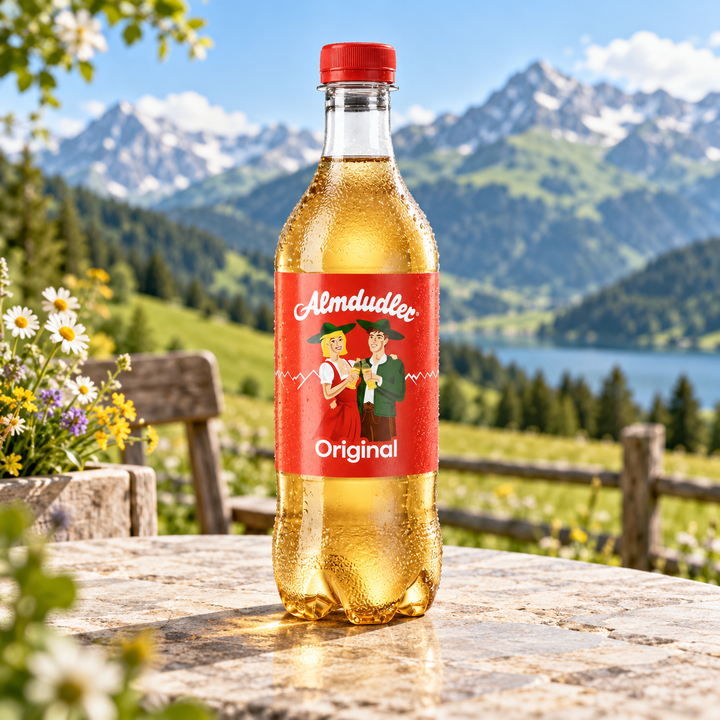 Almdudler Original 500 ml bottle in an alpine setting