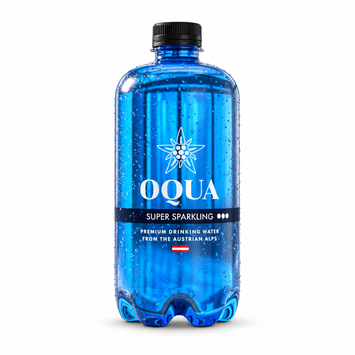 OQUA Super Sparkling alpine water blue bottle on a white background