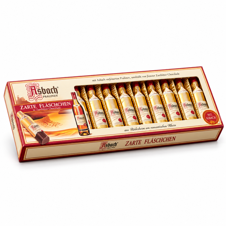 Asbach Brandy Chocolate Bottles in 12 pc. Gift Box, retail package on white background