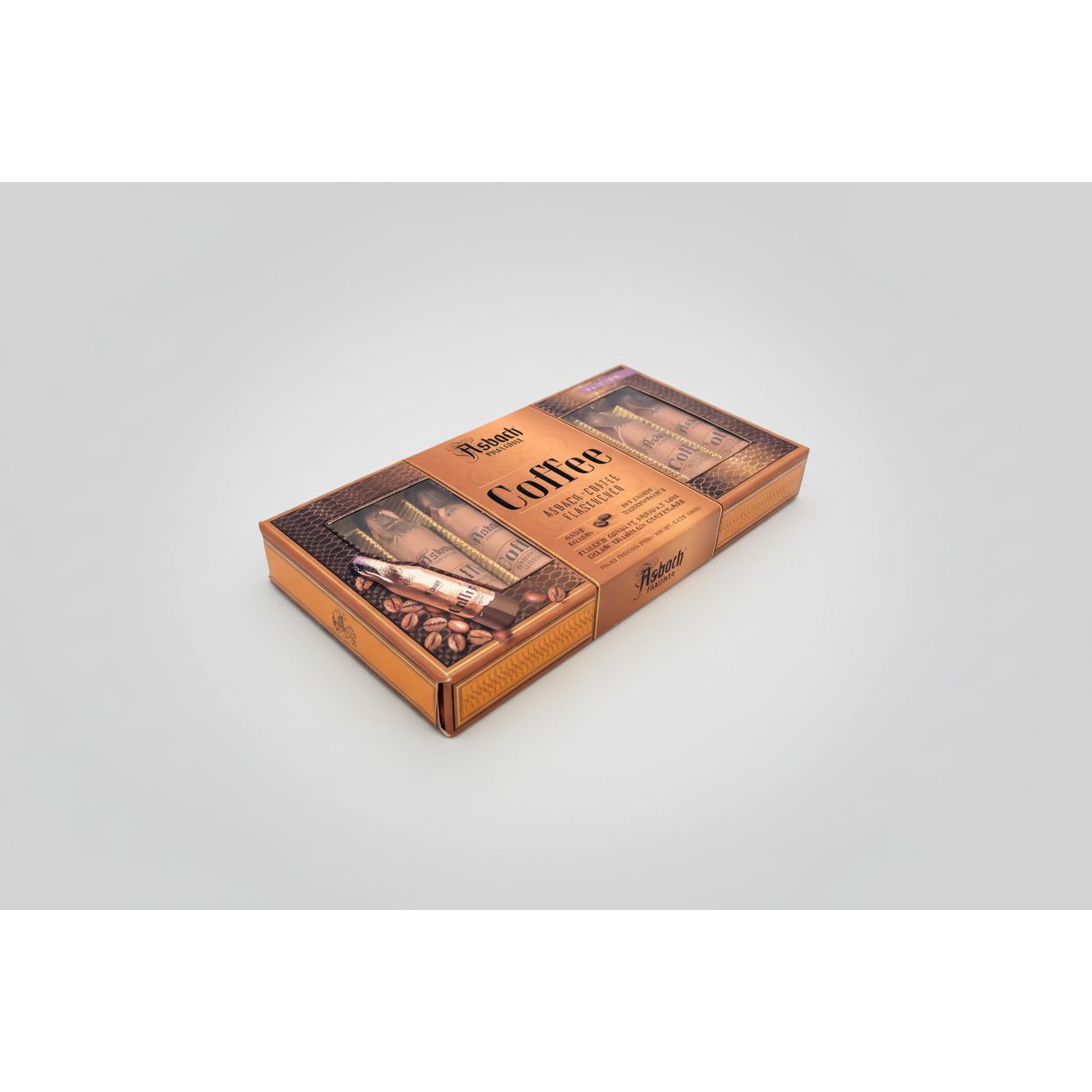 Asbach packaging with coffee beans on a white background