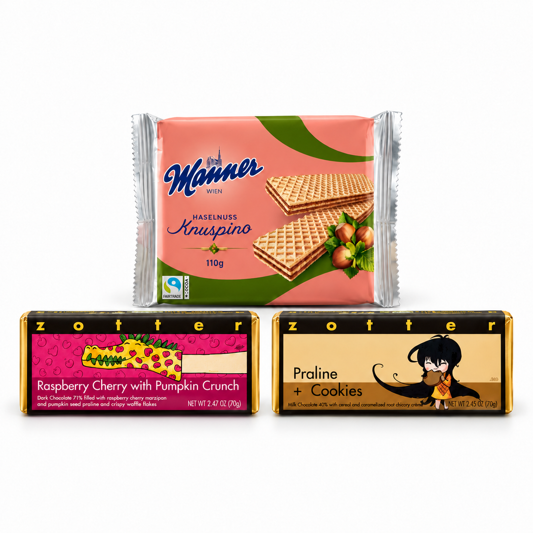 Austrian Chocolate Tour with Zotter Raspberry Cherry, Zotter Praline and Cookies, and Manner Knuspino Hazelnut 110 g on white