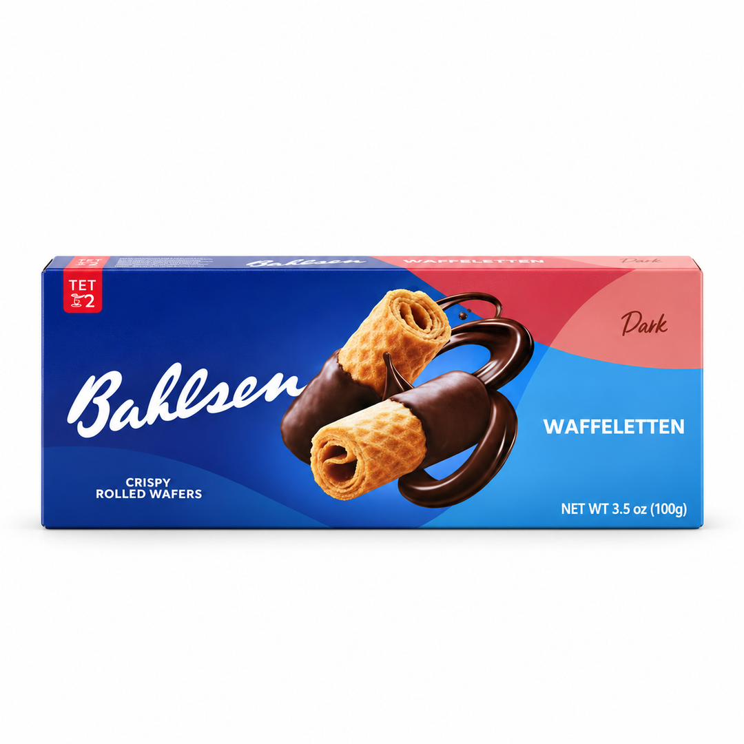 Bahlsen Waffeletten dark chocolate wafer rolls, 100 g box on a white background