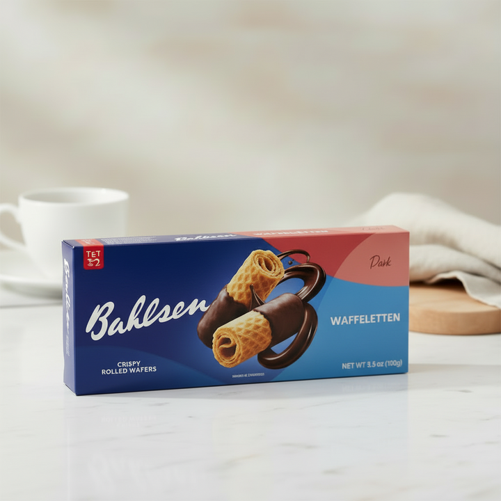 Bahlsen Waffeletten dark chocolate wafer rolls, 100 g box displayed with wafers