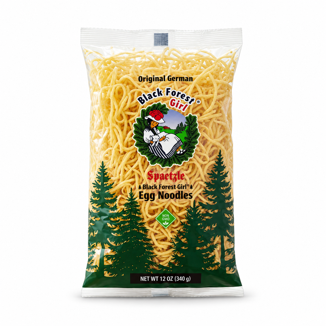 Black Forest Girl homemade spaetzle egg noodles on a white background