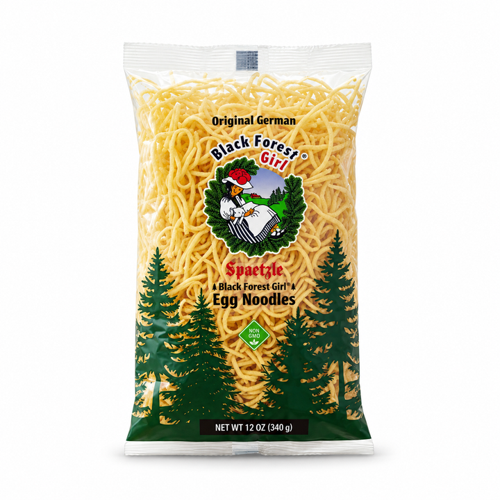 Black Forest Girl homemade spaetzle egg noodles on a white background