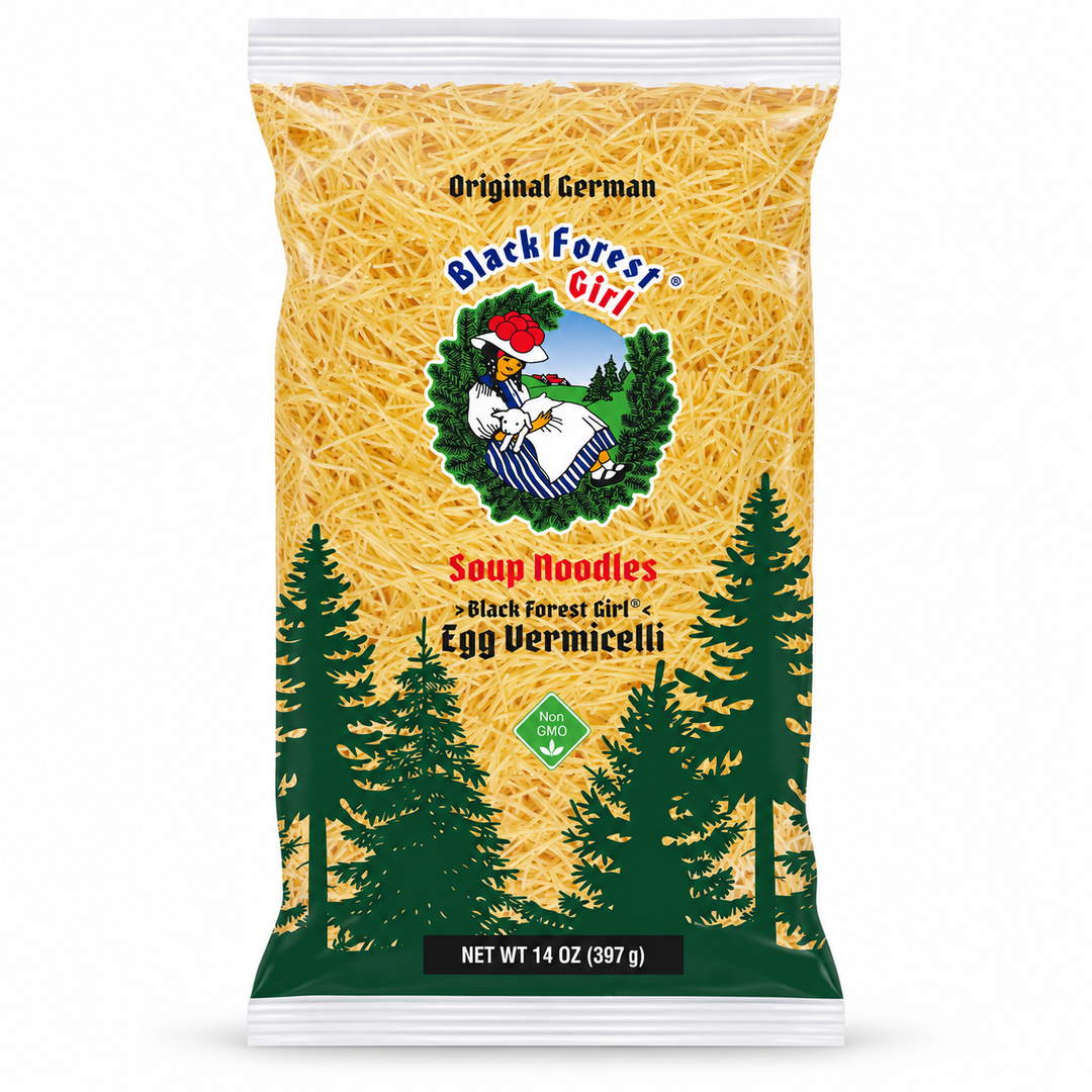 Black Forest Girl thin egg noodles and egg vermicelli on a white background