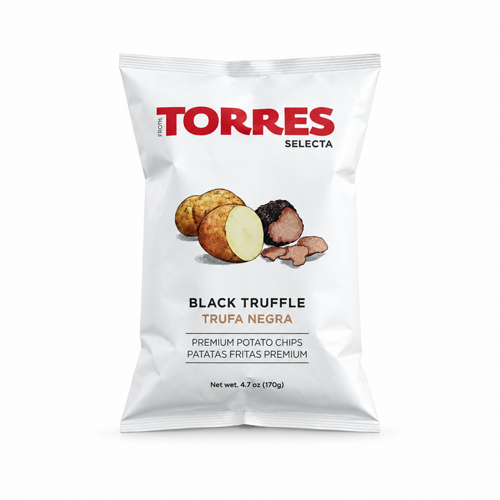 Torres Black Truffle Potato Chips bag on white