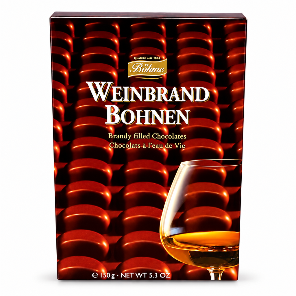 Böhme Weinbrand Bohnen brandy-filled chocolates 150 g box on white background