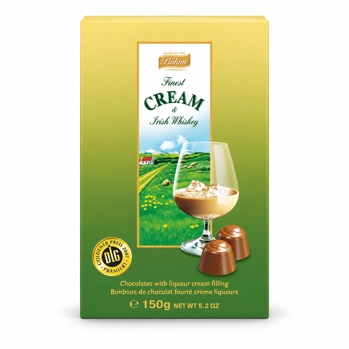 Boehme Finest Cream Irish Whiskey chocolates, 150 g box front