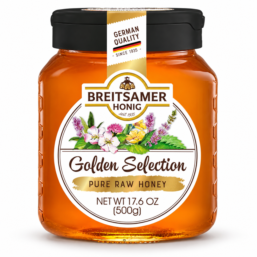 Breitsamer Golden Selection Pure Raw Honey, 500 g jar, front view