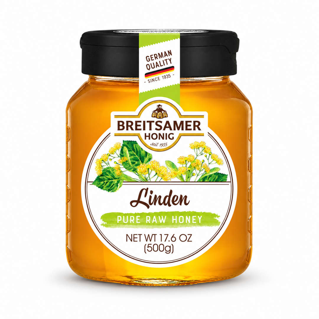 Breitsamer Linden Blossom Raw Honey product packaging centered on a white background