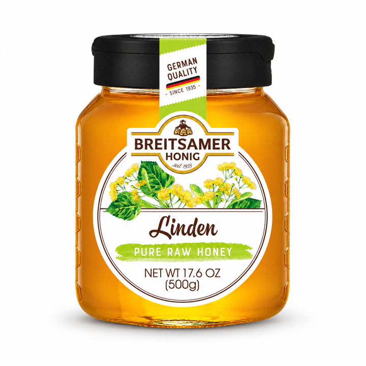 Breitsamer Linden Blossom Raw Honey product packaging centered on a white background