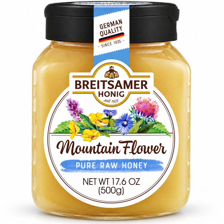 Breitsamer Mountain Flower Pure Raw Honey 17.6 oz jar on white background
