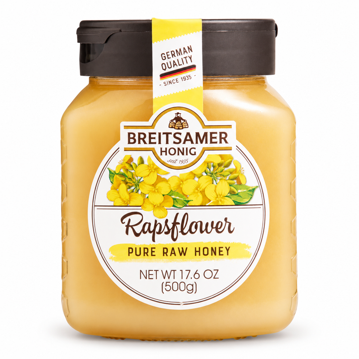 Breitsamer Rapsflower Pure Raw Honey 17.6 oz jar on white background