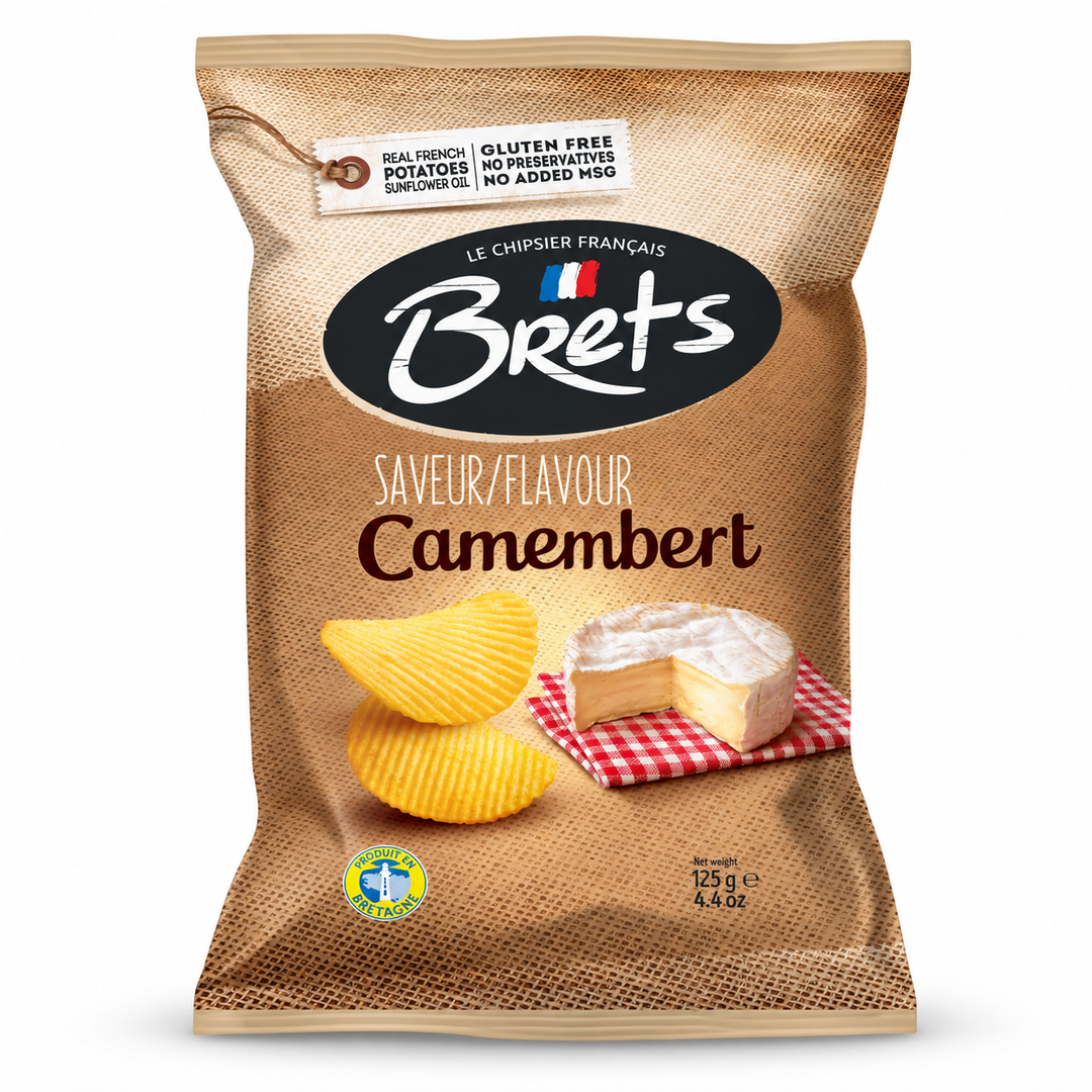 Bret's Camembert flavor potato chips 125 g bag, front view