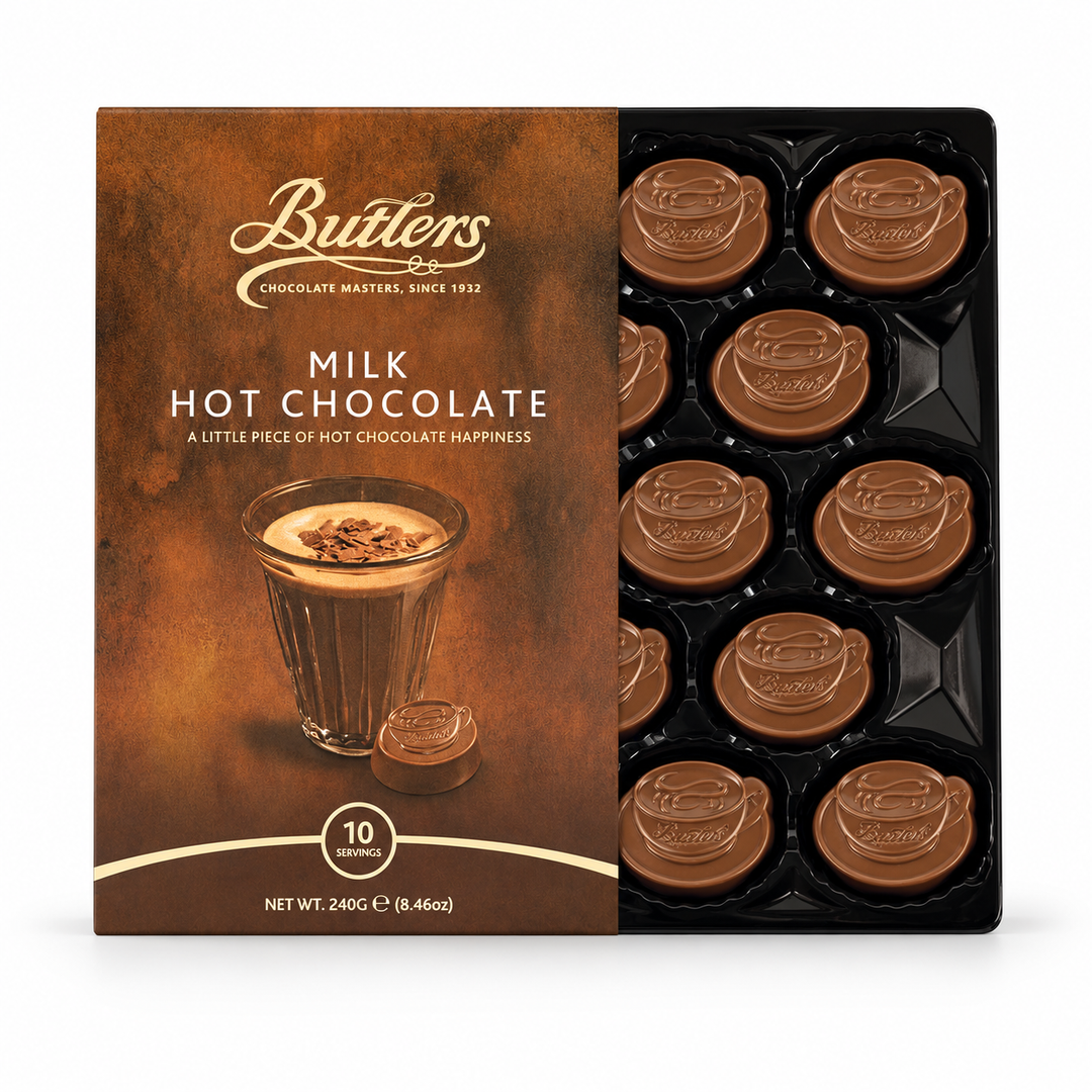 Butlers Milk Hot Chocolate Meltaways 240 g box with ten chocolate discs on white background