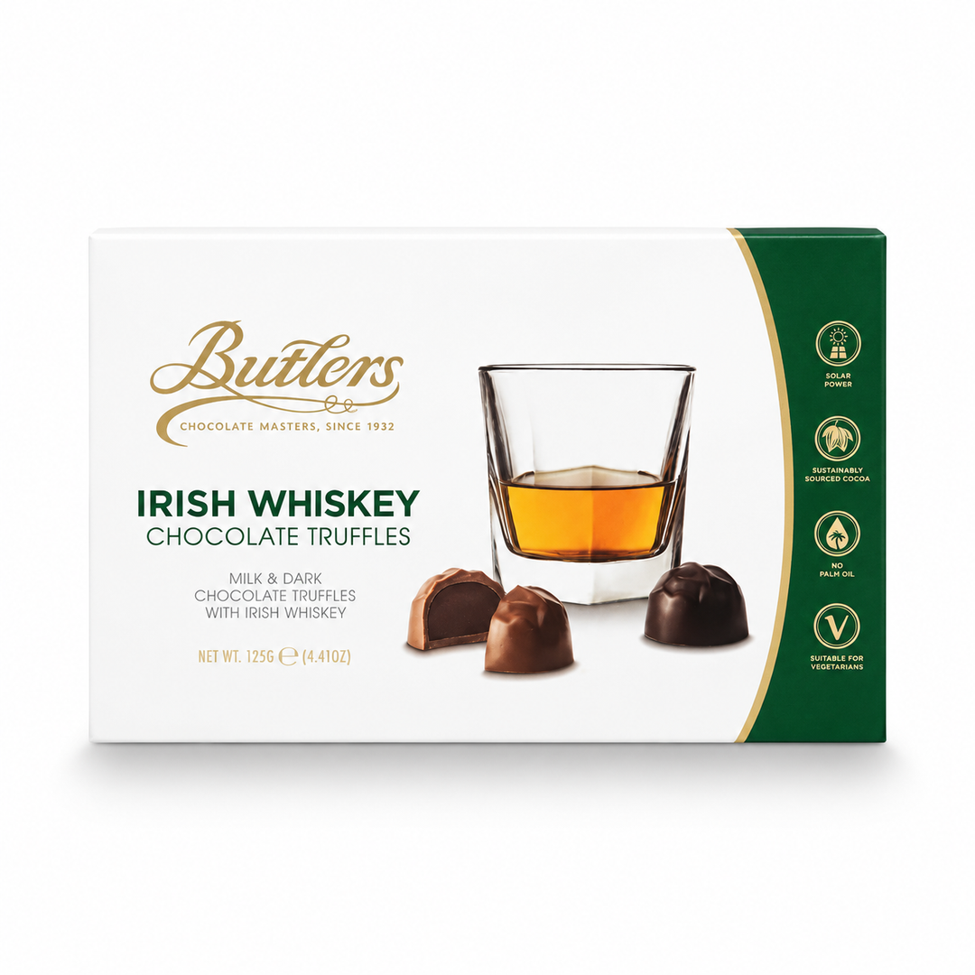 Butlers Irish Whiskey Milk & Dark Chocolate Truffles in Gift Box centered on a pure white background