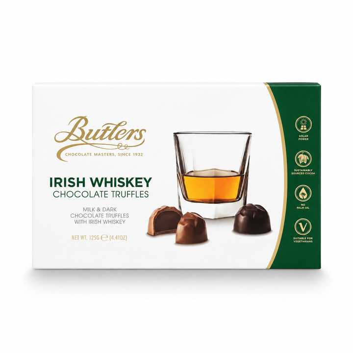 Butlers Irish Whiskey Milk & Dark Chocolate Truffles in Gift Box centered on a pure white background