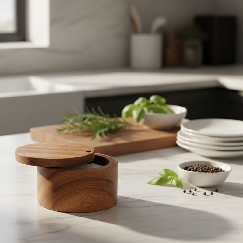 Ironwood acacia wood salt cellar open on a kitchen counter